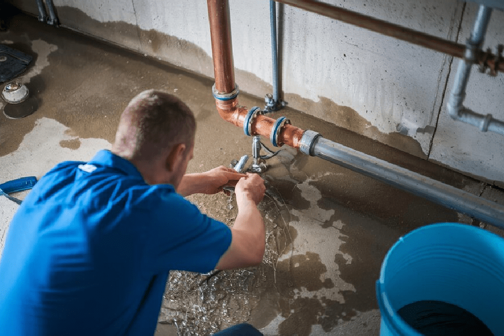 Person fixing leak in basement